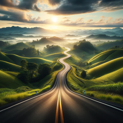 Dall e 2023 12 26 09 37 07 a high quality photograph of a scenic winding road stretching into the distance flanked by lush landscapes and leading towards a beautiful horizon